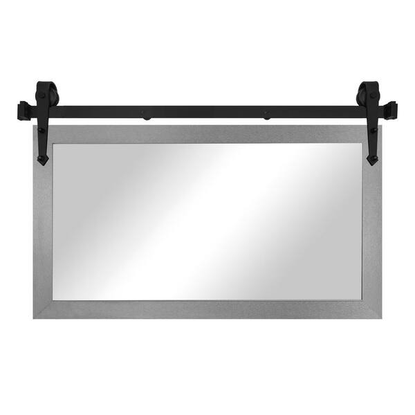 (54 in. W x 33 in. H) Light Silver Modern Rustic Mirror with Steel Barn Door Rail