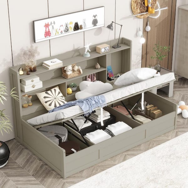 Harper & Bright Designs Gray Twin Size Wood Frame Daybed with Storage Bookcases and Underneath Storage Space, USB Charging Station