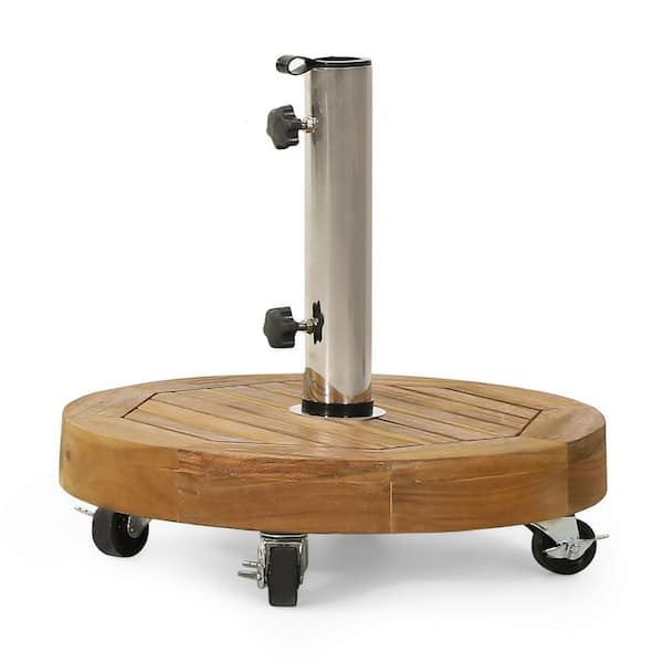 30 lbs. Round Wood Concrete Patio Umbrella Base in Echo Teak with Wheels for Patio Market Umbrella Table Umbrella