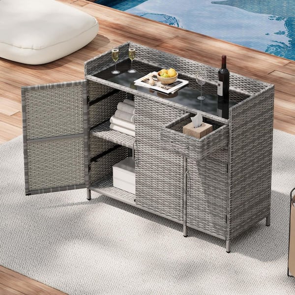 Unbranded Gray Wicker Outdoor Dining Table Rattan Bar Table with Tempered Glass Desktop, Wicker Outdoor Storage Cabinet