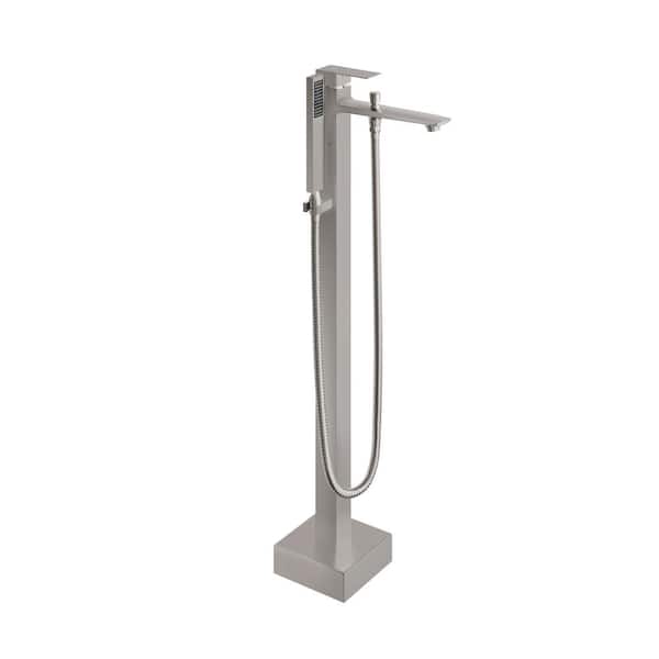 1-Handle Floor Mount Freestanding Tub Faucet with Handheld Shower in Brushed Nickel