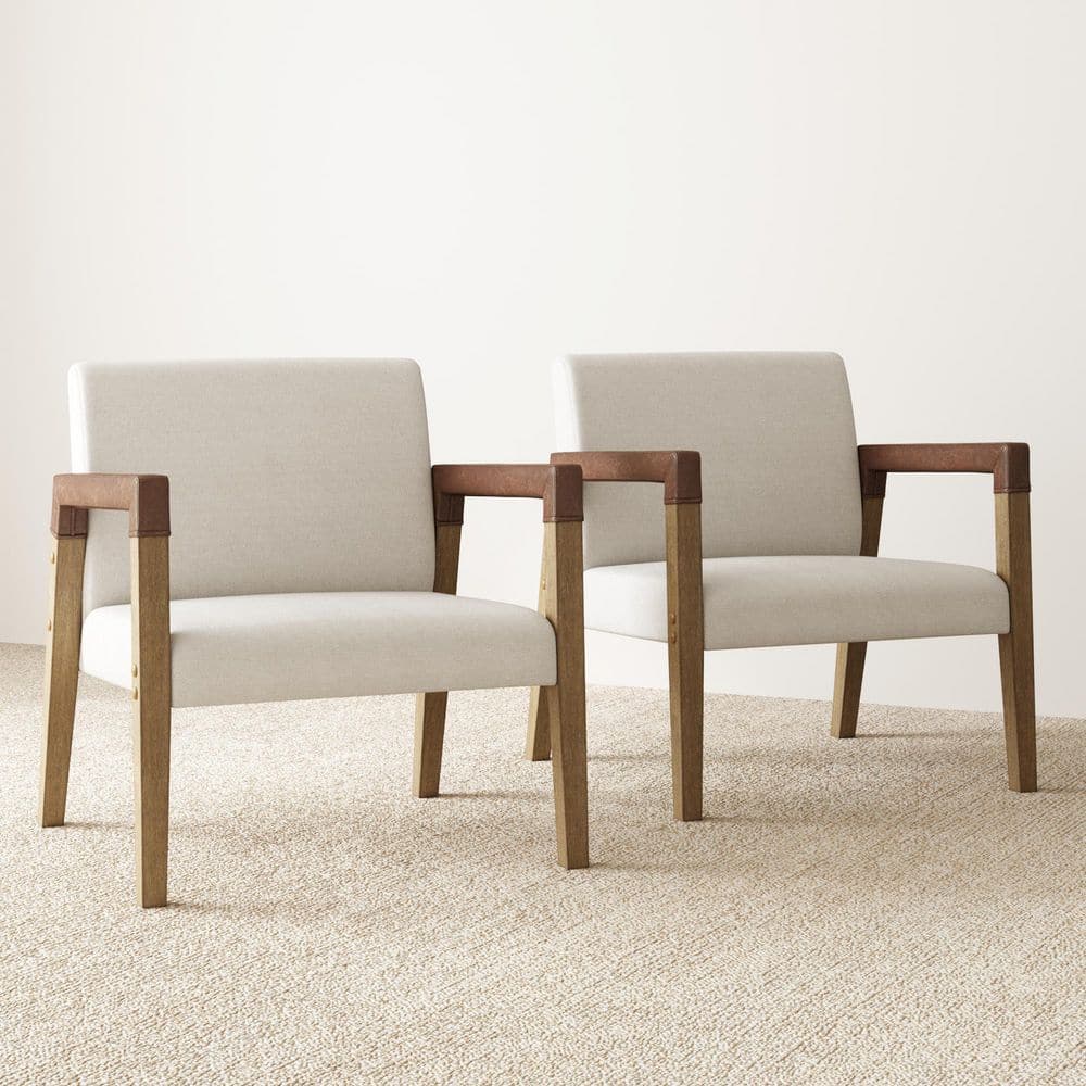 Hudson 30 in. Natural Flax Upholstered Accent Chair with Arms Wrapped in Chestnut Brown Faux Leather (Set of 2)