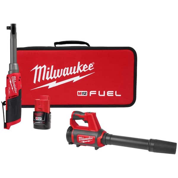 Milwaukee M12 FUEL 12V Lithium-Ion Brushless 3/8 in. Extended Reach High Speed Cordless Ratchet Kit & M12 Right Spot Blower