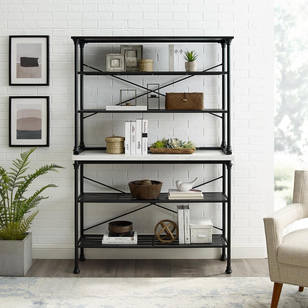 Elegant French Industrial Inspired Matte Black Baker's Rack with Faux Marble Top
