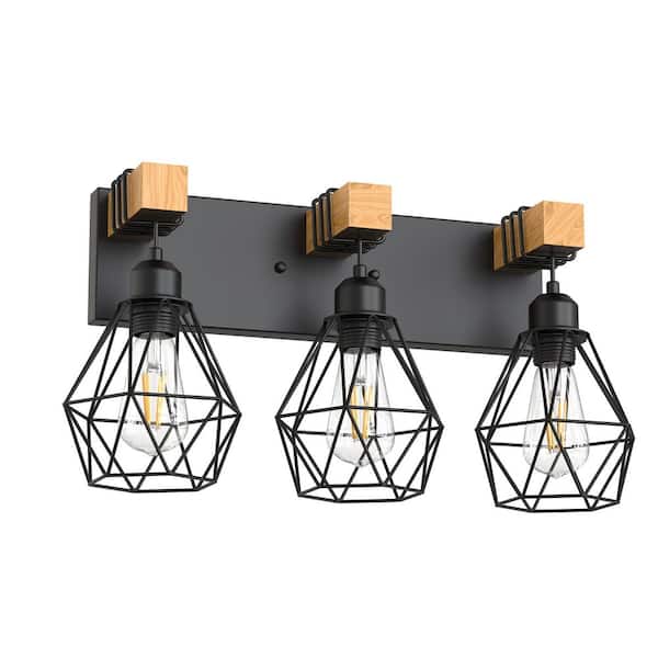 20 in. 3-Light Black Wood Rustic Farmhouse Vanity Light, Wood and Metal Bathroom Wall Sconce Over Mirror