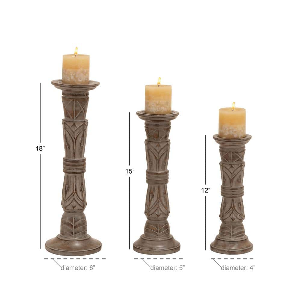 Light Brown Mango Wood Pillar Candle Holders, Set of 3