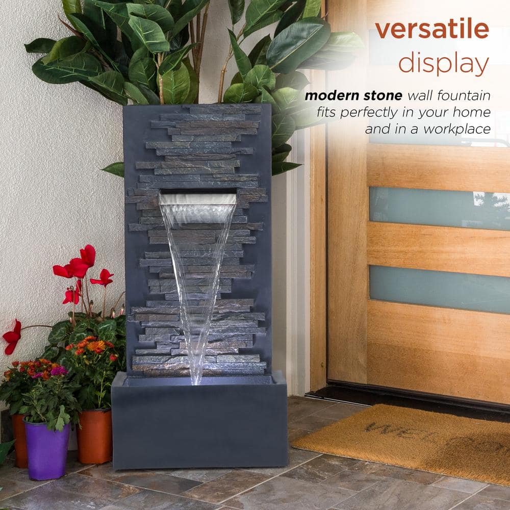 Gray Polystone and Fiberglass Cascading Wall Fountain with LED Lights
