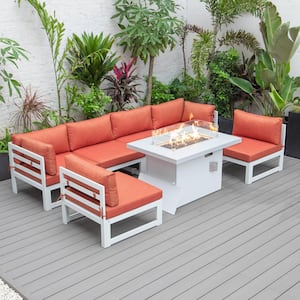 Cheslea White 7-Piece Aluminum Patio Fire Pit Set with Orange Cushions