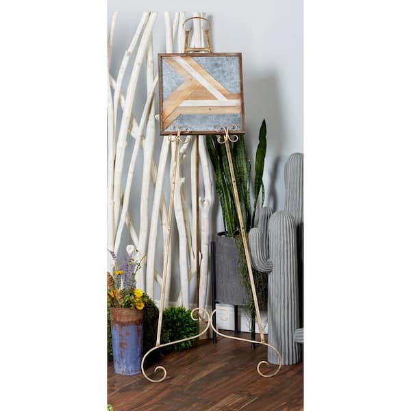 67 in. Gold Metal Large Free Standing Adjustable Display Stand 3 Tier Scroll Easel with Chain Support