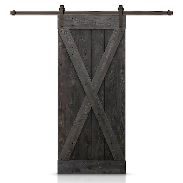 CALHOME Distressed X Series 28 in. x 84 in. Charcoal Black Stained DIY Wood Interior Sliding Barn Door with Hardware Kit