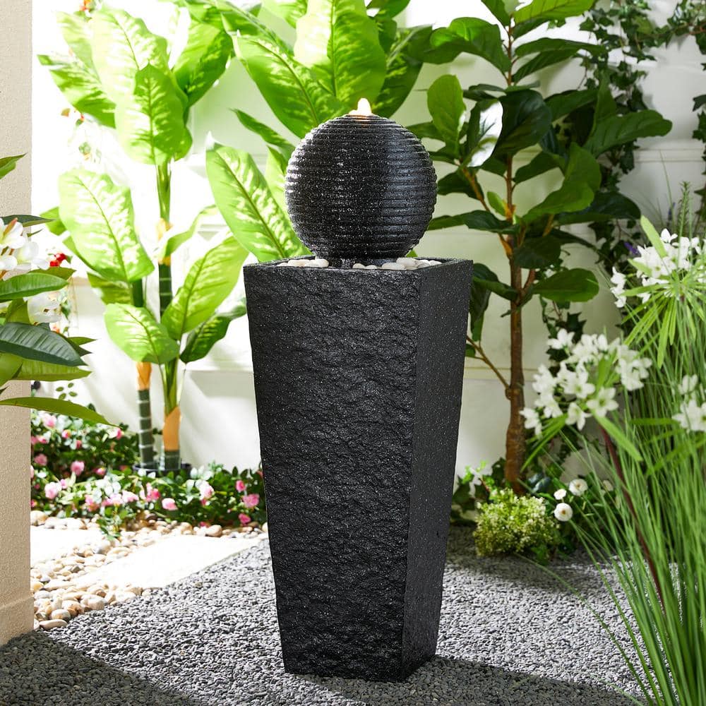 Modern Gray Polyresin Pedestal Fountain with LED Light
