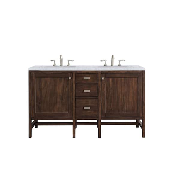 James Martin Vanities Addison 60 in. W x 23.5 in.D x 35.5 in. H Double Vanity in Mid Century Acacia with Marble Top in Carrara White
