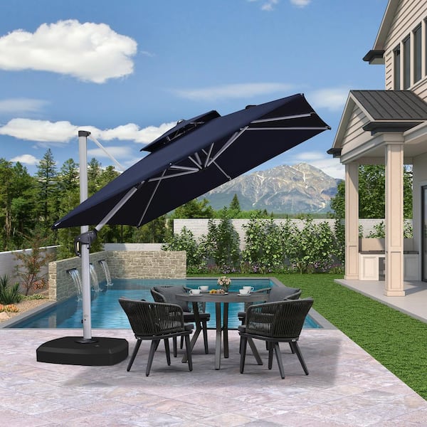 PURPLE LEAF 9 ft. Square High-Quality Aluminum Cantilever Polyester Outdoor Patio Umbrella with Wheels Base, Navy Blue