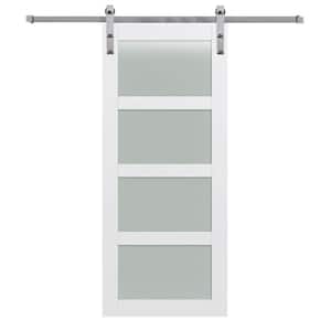 36 in. x 84 in. 4-Lite Frosted Glass Primed MDF Sliding Barn Door with Hardware Kit