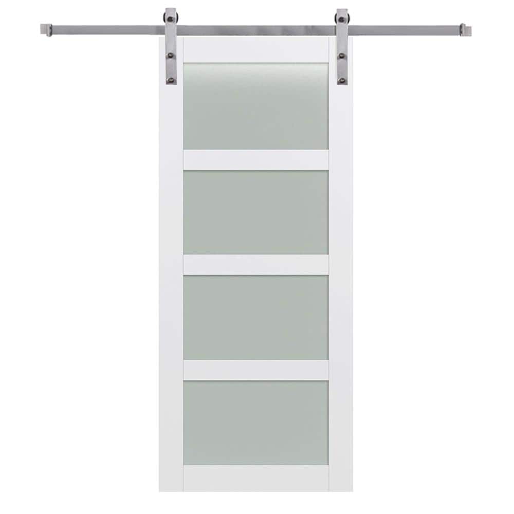 42 in. x 84 in. Shaker 4-Lite Frosted Glass Primed MDF Sliding Barn Door with Bent Strap Hardware Kit price history on PriceWatchPro