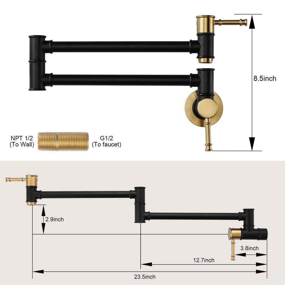 Black and Gold Brass Wall Mount Folding Pot Filler Faucet