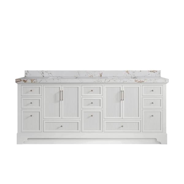 Willow Collections Alys 84 in. W x 22 in. D x 36 in. H Double Sink Bath Vanity in White with 2" Viola Gold Quartz Top