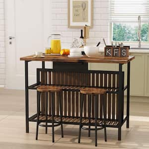 Greenwood Rustic Brown Kitchen Island Set with Faux Marble Top and 2 Stools