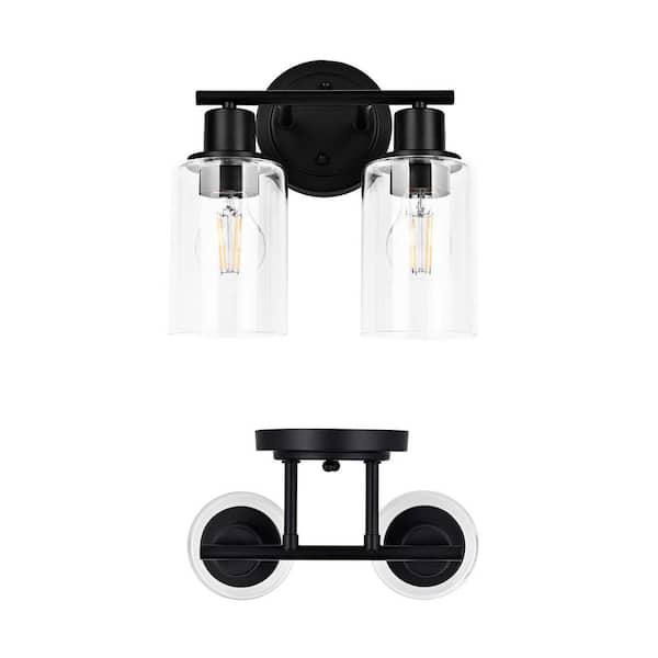 Hukoro GLA 10.44 in. 2-Light Matte Black Vanity Light Fixture with Clear Glass Shade