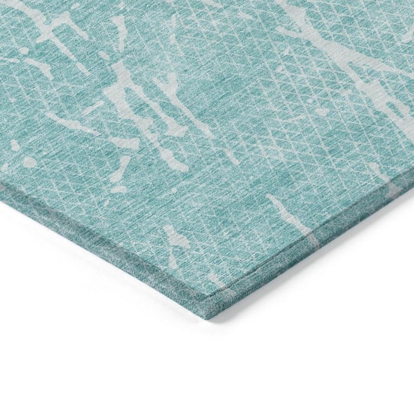 Teal Blue, Ivory 9 ft. x 12 ft. Woven Abstract Polyester Rectangle Indoor/Outdoor Area Rug
