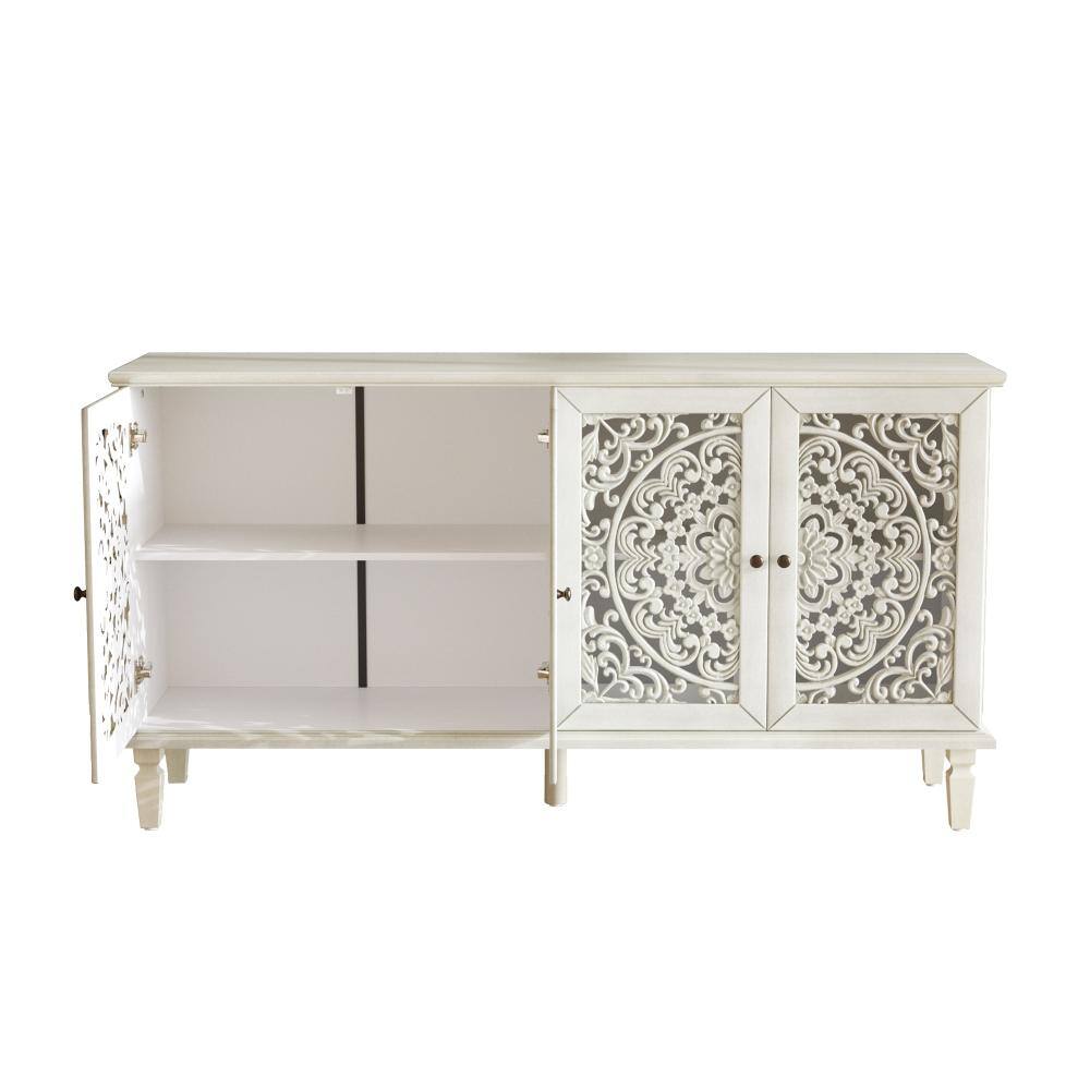 Antique Grey White Solid Wood Buffet with Floral Carvings, Adjustable Shelves, Antique Brass Handles, TV Stand