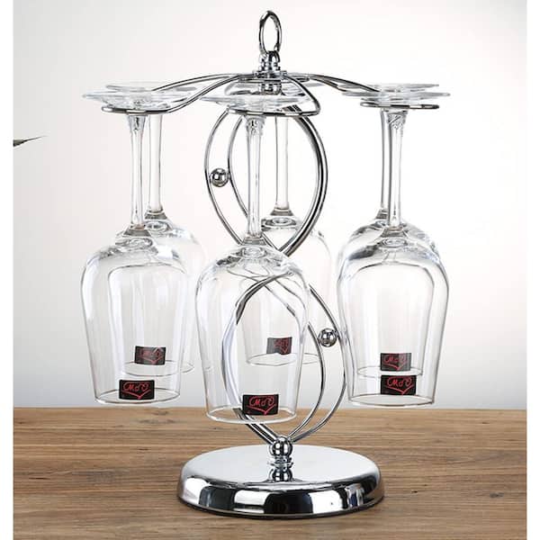 Silver Tabletop Vertical Wine Glass Rack Holds 6 Glasses Countertop Metal Stemware Organizer for Bar Kitchen Decor