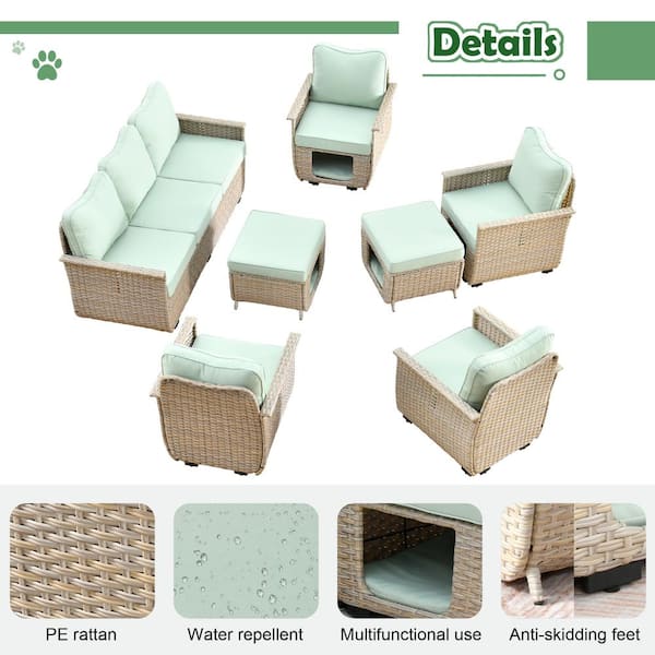 HOOOWOOO Echo Beige 7-Piece Wicker Multi-functional Pet Friendly Outdoor Patio Conversation Sofa Set with Light Green Cushions