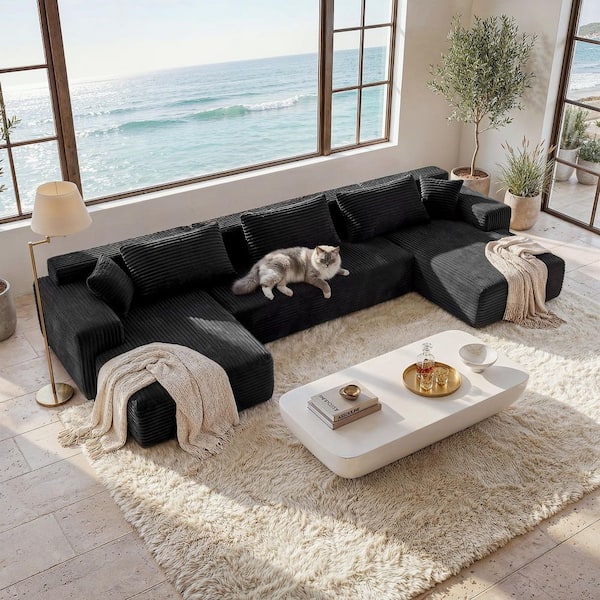 134 in. Square Arm Corduroy Upholstery U-Shaped with Removable Covers, 5 Pillows Modular Sectional Sofa in Black