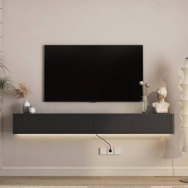 78 in. W Black MDF Floating Wall Mount TV Stand for 75 in. TVs with LED Lights, Power Outlet and USB