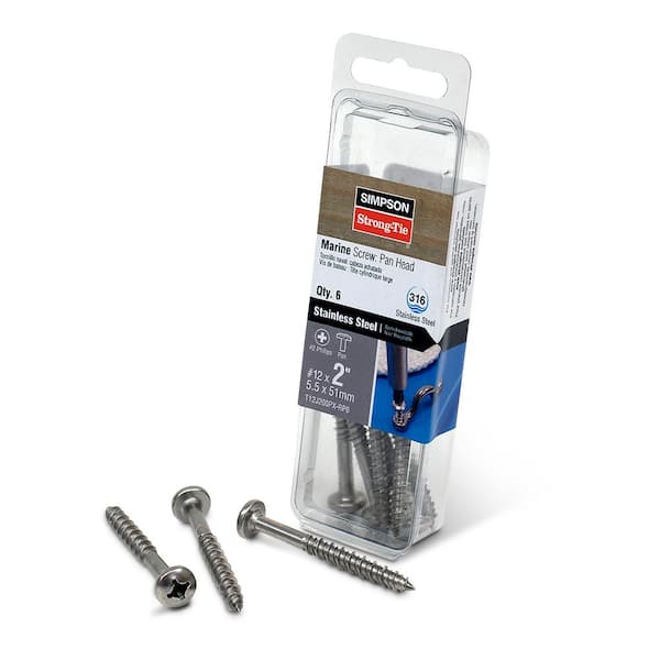 Simpson Strong-Tie #12 x 2 in. #3 Phillips Drive, Pan Head, Type 316  Stainless Steel Marine Screw (6-Pack) T12J200PX-RP6 - The Home Depot