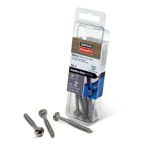 #12 x 2 in. #3 Phillips Drive, Pan Head, Type 316 Stainless Steel Marine Screw (6-Pack)