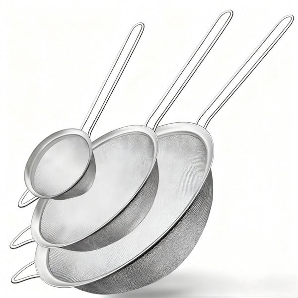 3-Piece Stainless Steel Fine Mesh Strainer with Long Handles for Multipurpose Kitchen Use for Sifting, Straining
