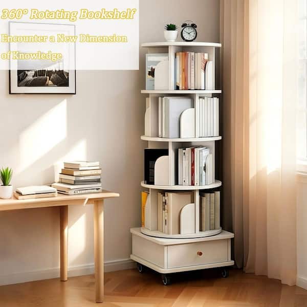 Ronald 360° Rotating 55.91 in. Tall White MDF 5-Shelf Corner Bookcase with Wheels and Drawer
