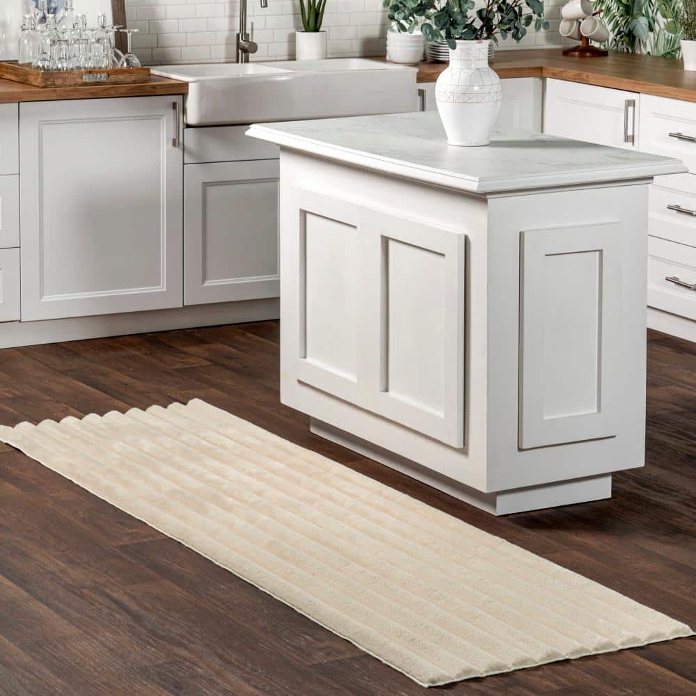 Kai Beige Faux Rabbit Fur Machine Washable Runner Rug