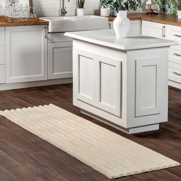 Kai Stripe Faux Rabbit Machine Washable Area Rug Beige  2 ft. 6 in. x 6 ft. Runner Rug
