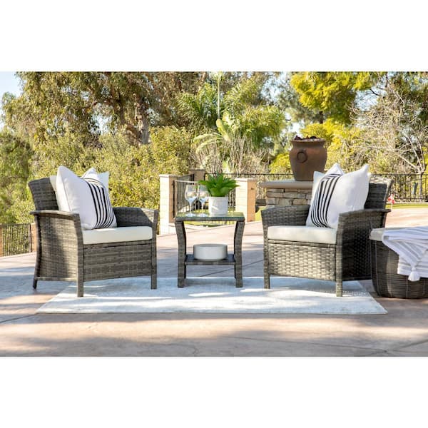Coaster Home Furnishings Tanner Gray 3-Piece Wicker Square Outdoor Bistro Set with Off White Cushions