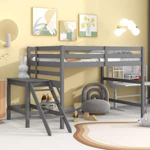 Gray Wood Frame Full Size Low Loft Bed with Platform and Sloping Ladder