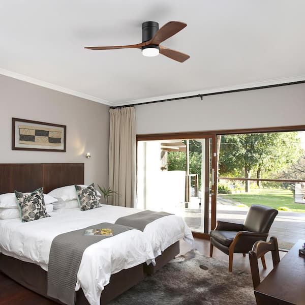 42 in. Indoor/Outdoor Flush Mount Black LED Ceiling Fan with 3-Reversible Wood Blades, 6-Speed DC Remote Control