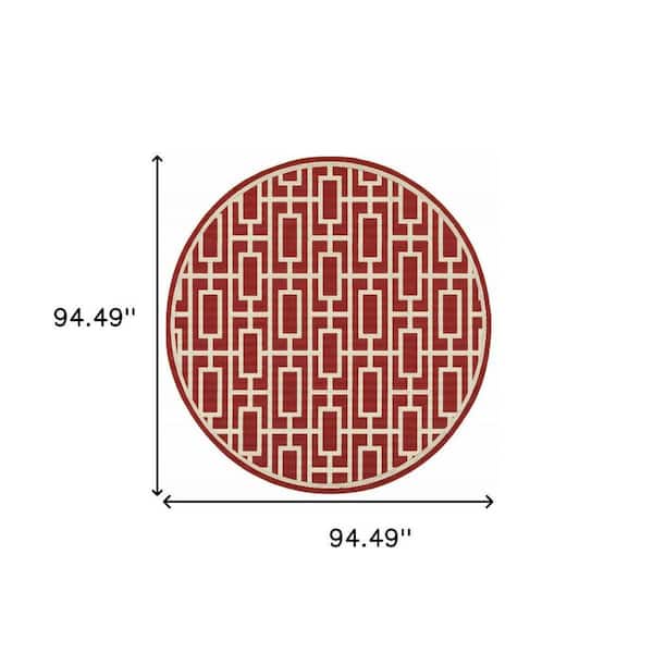 Red, Ivory 8 ft. x 8 ft. Loomed Geometric Polypropylene Round Indoor/Outdoor Area Rug