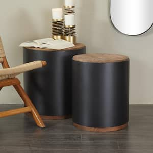 19 in. Black Large Round Wood End Accent Table with Brown Wood Top (2- Pieces)