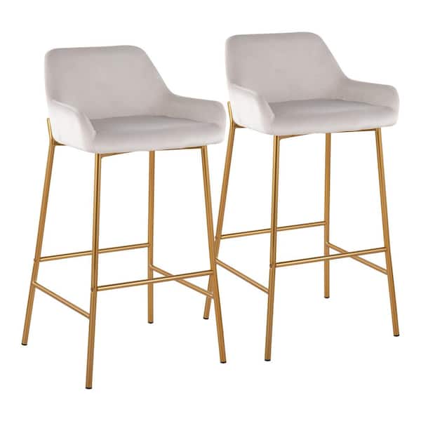 Daniella 38 in. Fixed Height White Velvet and Gold Steel Bar Stool (Set of 2)
