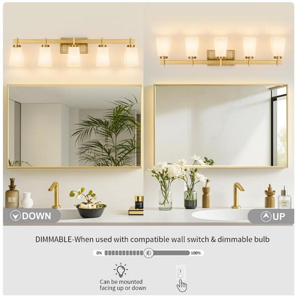 40 in. 5-Light Brushed Gold Bathroom Vanity Light with Frosted Glass Square Shades Classic Wall Sconce for Damp Location