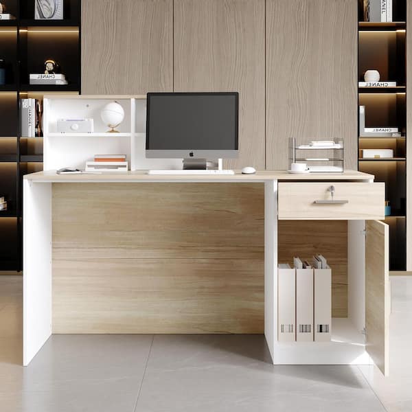 FUFU&GAGA Rectangular White Wooden Computer Desk, Writing Desk with Drawer, 4 Shelves and A Container, 55.1 in.W-23.6 in.D