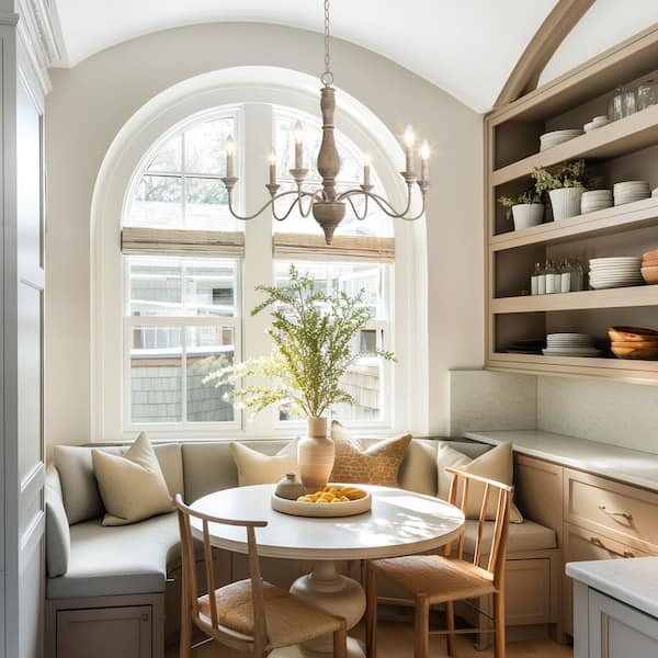 6-Light Rustic Farmhouse Wood Chandelier 29.5 in. W with Antique White French Country Accents and Classic Candle Style