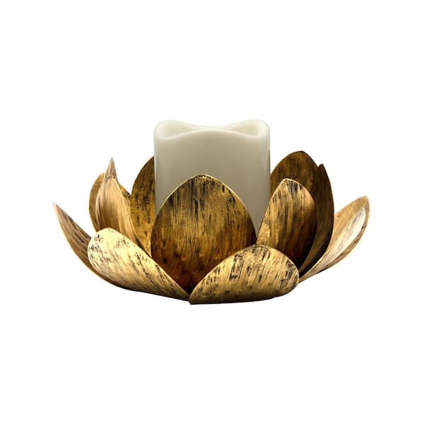 LUMABASE Gold Lotus Metal Candleholder with Battery Operated Candle