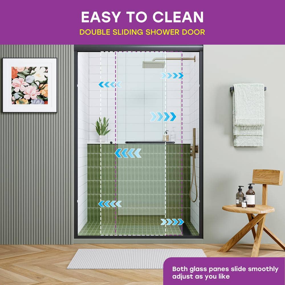 59" Matte Black Semi-Frameless Sliding Shower Door with Clear Glass