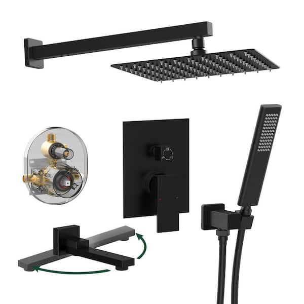 Rain Single Handle 1-Spray 12 in. Tub Shower Faucet 1.8 GPM with Pressure Balance in. Matte Black (Valve Included)