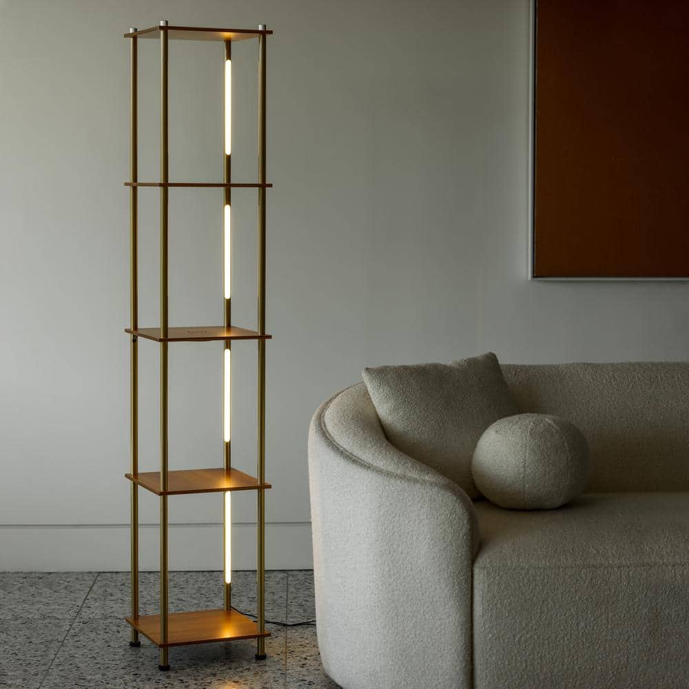 Aria Brass Finish LED Floor Lamp with Wireless Charging & Adjustable Shelves