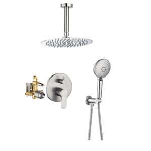 Ceiling 1-Handle 3-Spray Round High Pressure Shower Faucet with 10 in. Shower Head in Brushed Nickel (Valve Included)