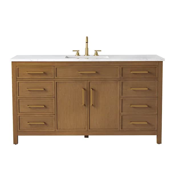 Logan 60 in. W Bath Vanity in Caramel with Engineered Stone Top in Carrara White with White Sink